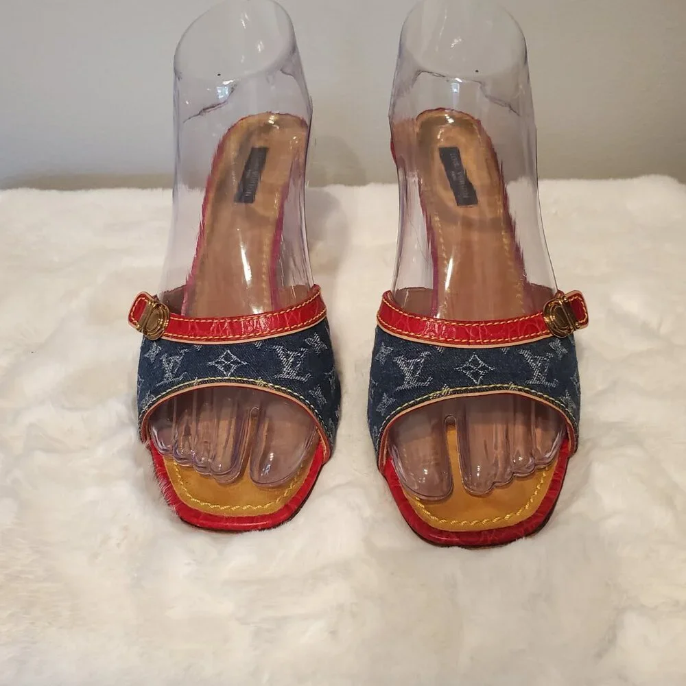 Louis Vuitton Monogram Denim Slide Sandals Red Leather Y2K LV Mule Luxury Size 9 - Picture 5 of 16